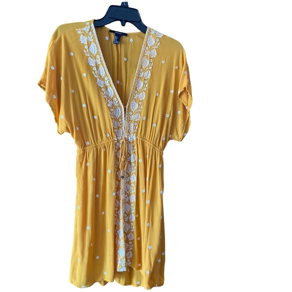 Love Tree Embroidered Mini Dress Bohemian Festival Drawstring Yellow Size S - Picture 2 of 12